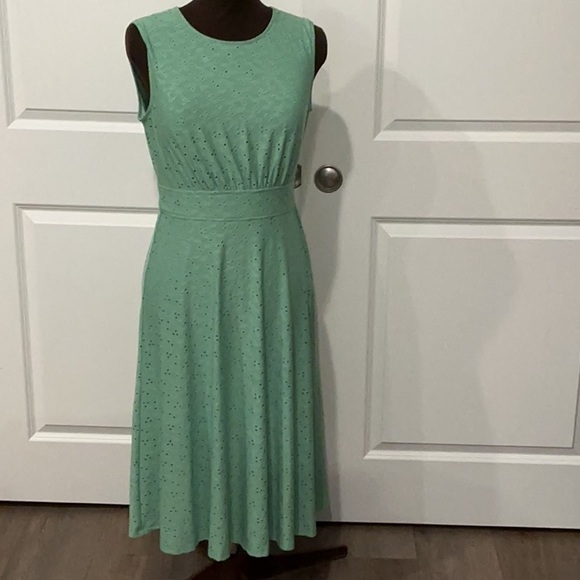 London Times Eyelet Sleeveless Sage Green Fit Flare A-Line Midi Dress Size 6 - Picture 1 of 10